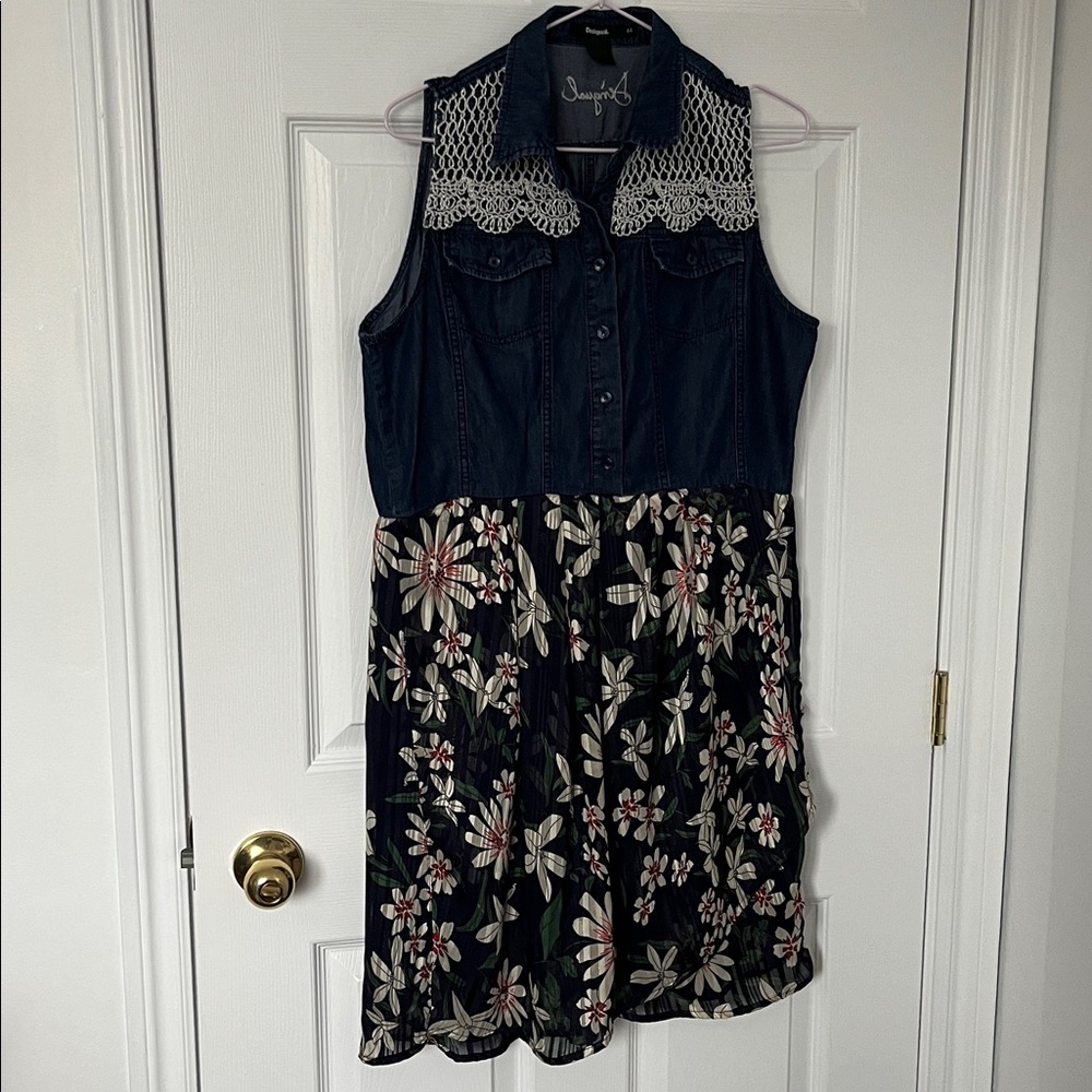 SUMMER SALE - Desigual Dark Blue Floral Dress. With silver lace